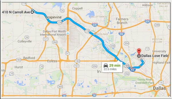 Directions from Love Field Airport to our Facility