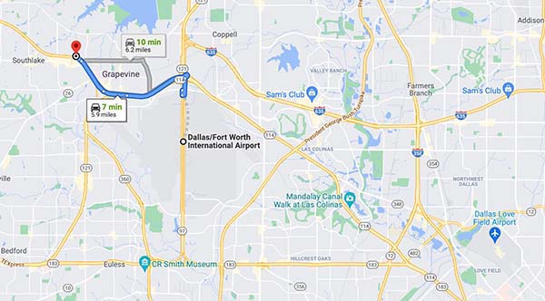 Map from DFW Airport to 2301 Plastic Surgery