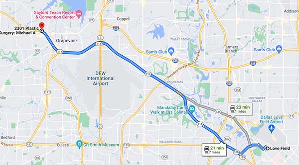Map from Love Field to 2301 Plastic Surgery